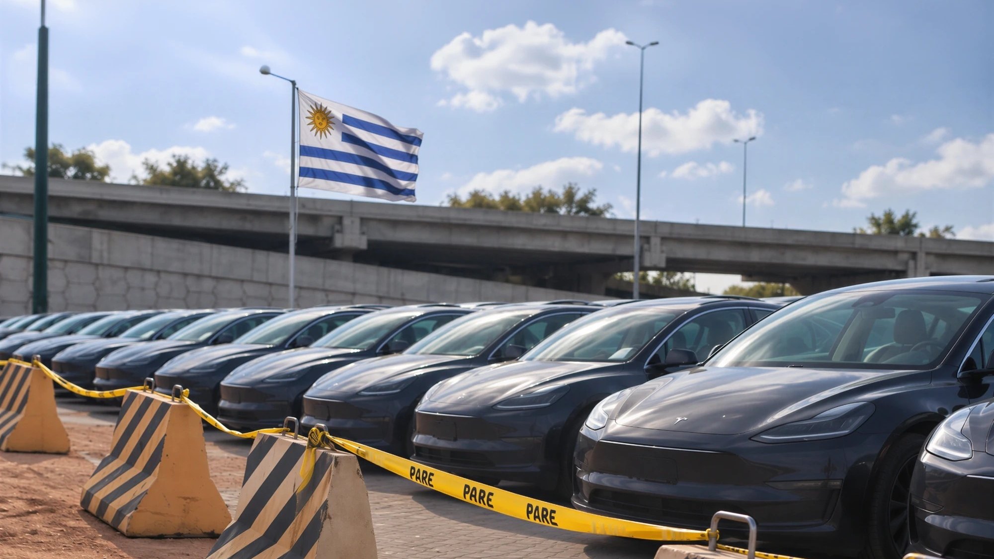 Imagen ilustrativa: autos Tesla estacionados en fila en un predio, con una bandera uruguaya al fondo